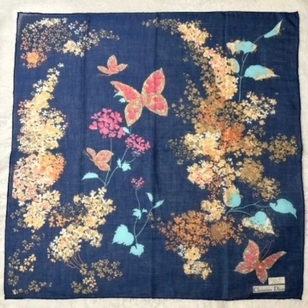 Vtg CHRISTIAN DIOR Scarf Handkerchief Butterfly Floral Cotton Navy Blue 17.5